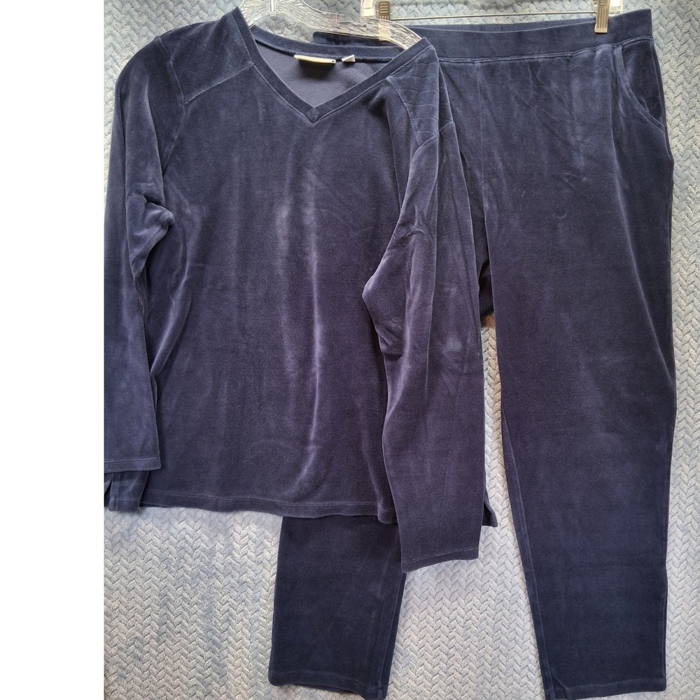 Denim & Co Active Navy Blue Velour 2 Piece Set V-Neck Top and Pants Large